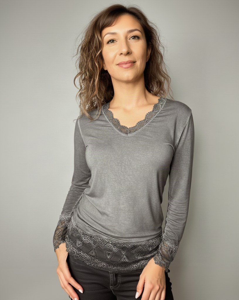 Sous-pull dentelle femme anthracite à col V avec dentelle ton sur ton