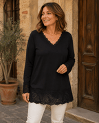 Sous-pull dentelle femme noir à col V avec dentelle ton sur ton aux poignets et au bas
