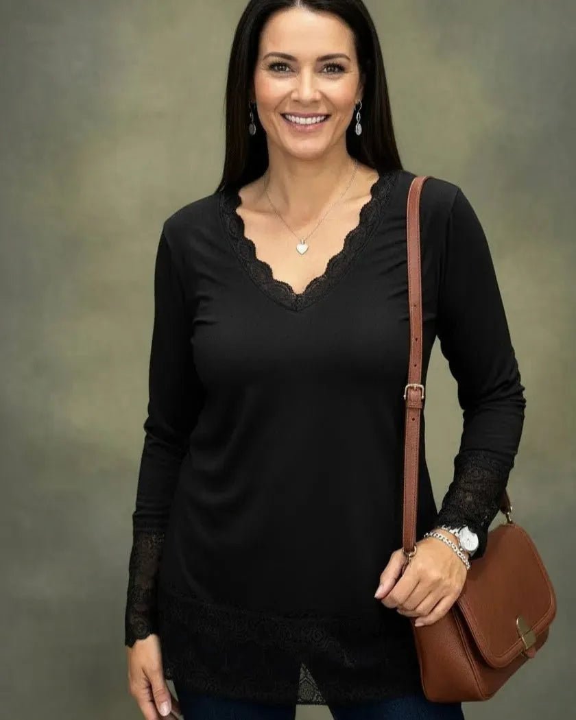 Sous-pull dentelle femme noir col V manches longues élégant – épouse chaque forme