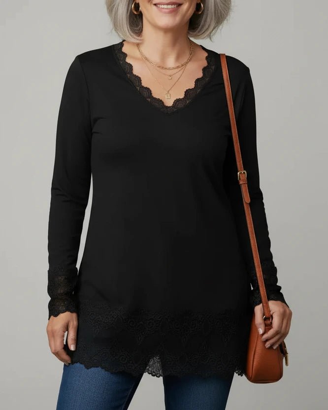 Sous-pull dentelle femme noir col V manches longues élégant – épouse chaque forme