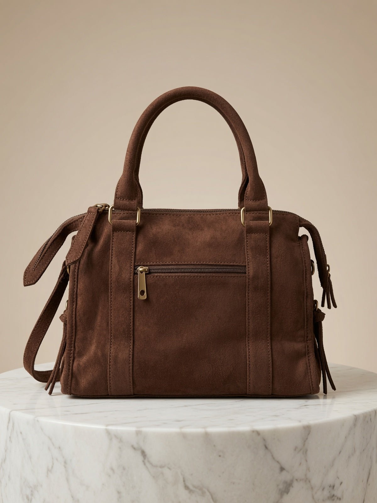 Sac Andréa Massi chocolat effet daim, vue de dos
