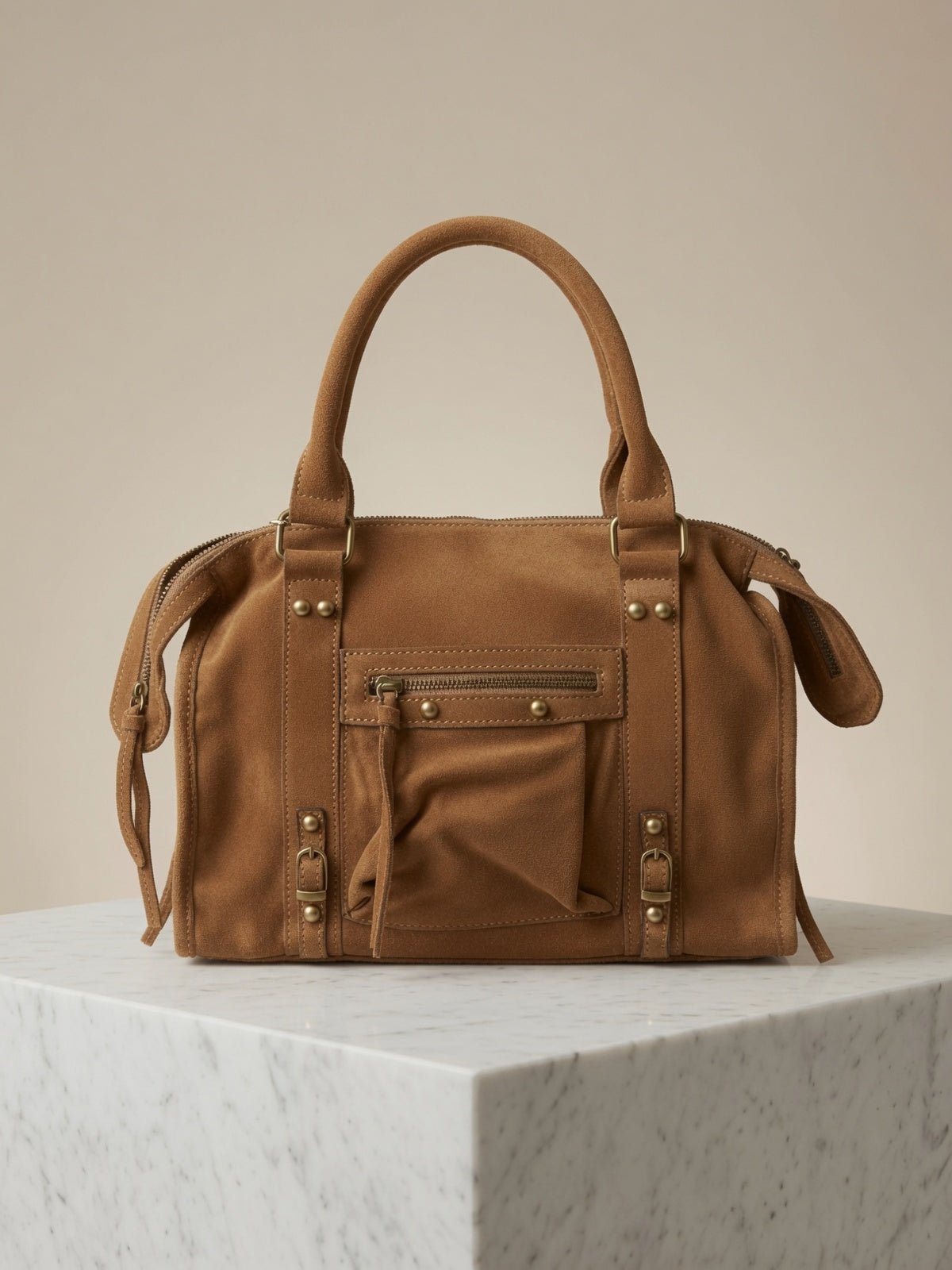 Sac Andréa Massi camel effet daim, vue de face