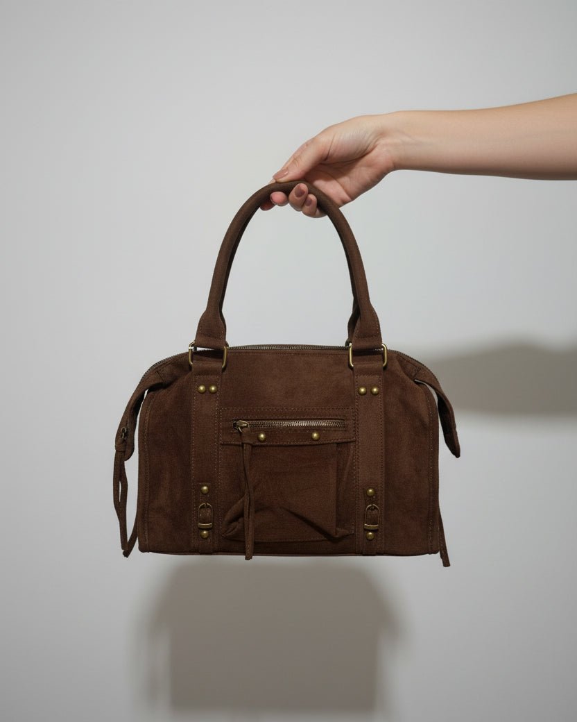 Sac Andréa Massi chocolat effet daim avec finitions dorées