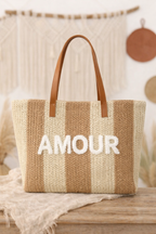 Sac cabas paille tressée AMOUR beige camel rayures inscription moumoute blanche anses simili cuir