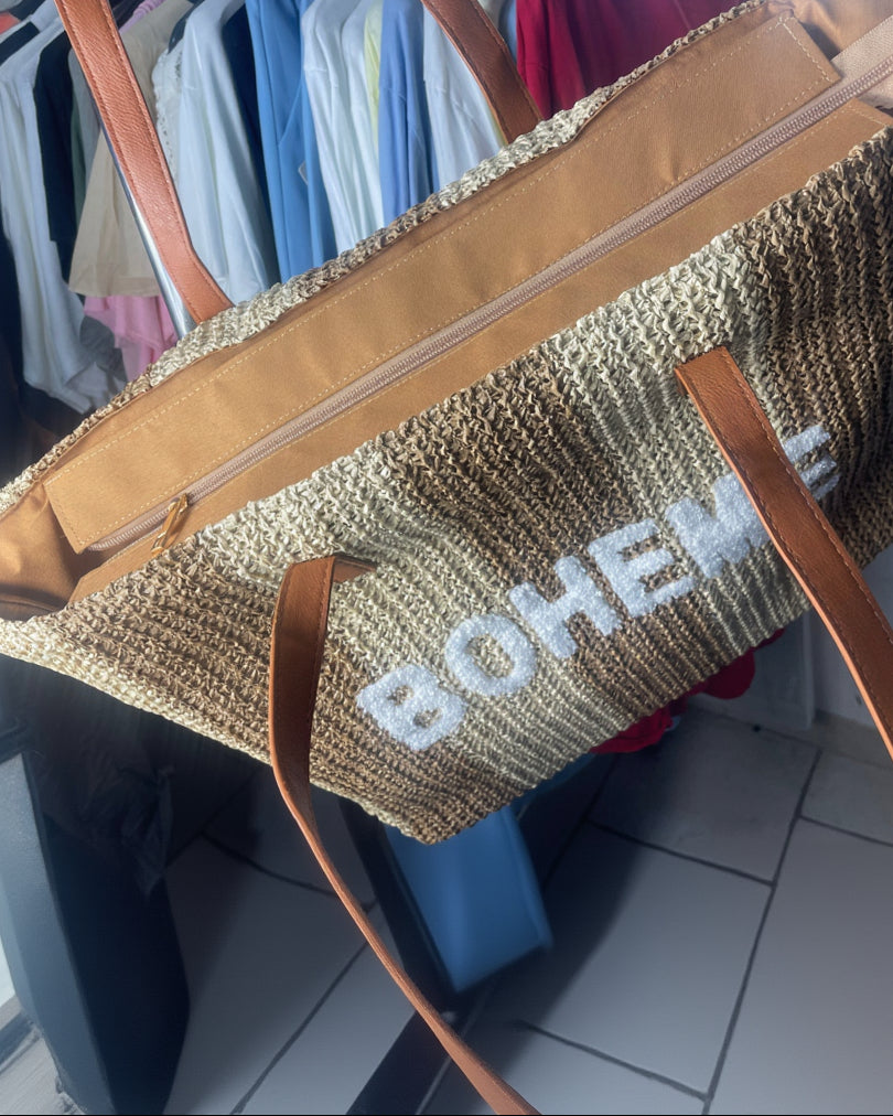 Sac cabas paille BOHEME fermeture éclair vue dessus anses simili cuir camel