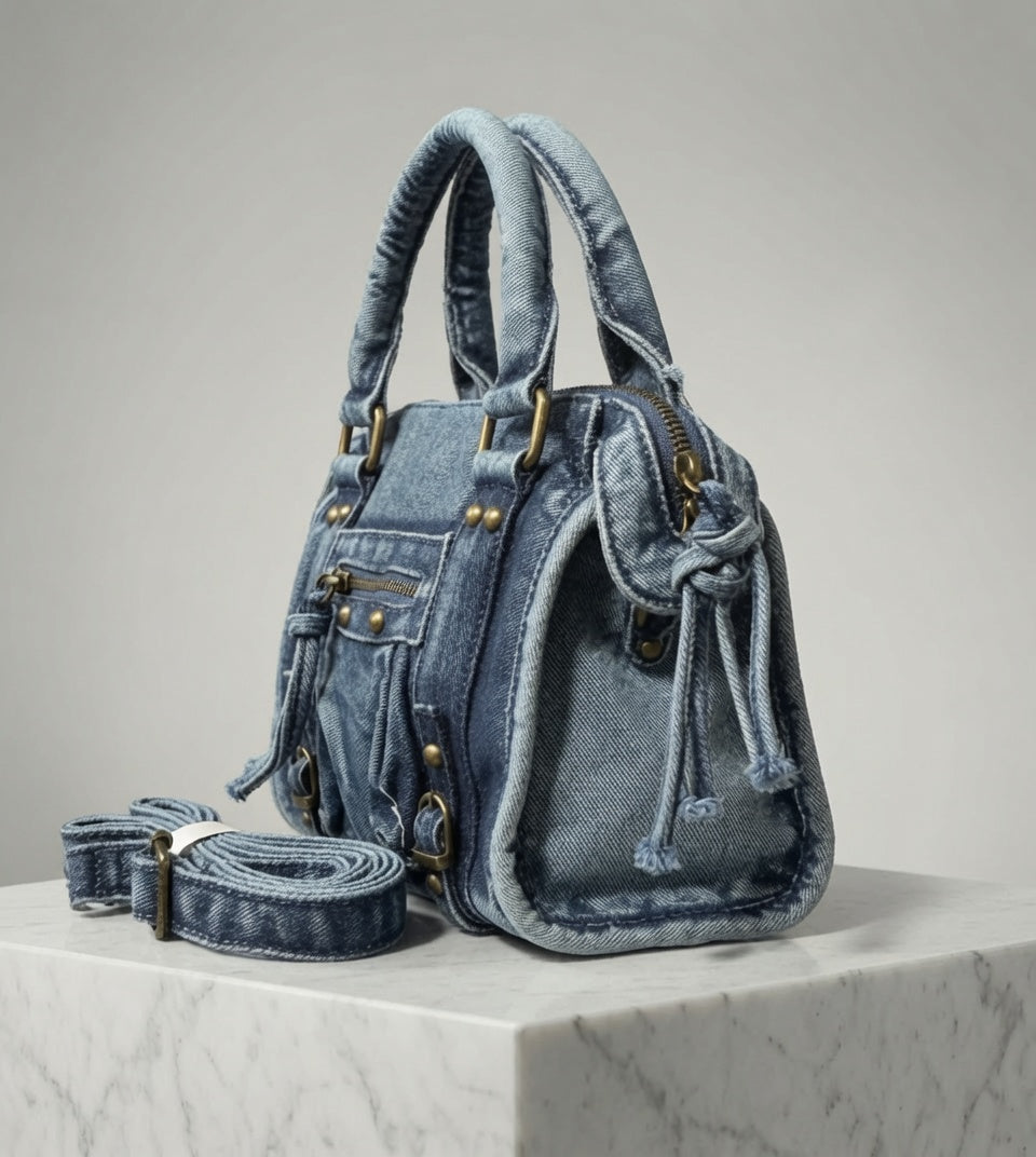 Vue de profil du sac en jean Andrea Massi montrant son épaisseur de 11 cm