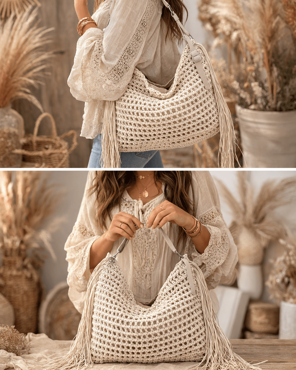 Sac hobo macramé beige avec franges latérales porté à la main femme bohème