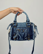 Sac en jean Andrea Massi femme avec poignée, bandoulière amovible et détails métalliques dorés vue de face