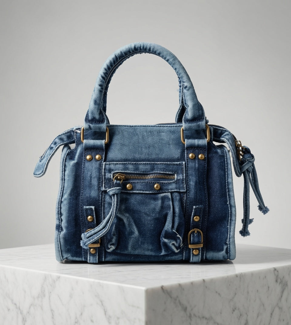 Sac Andrea Massi en jean avec bandoulière réglable et poche avant zippée vue de face