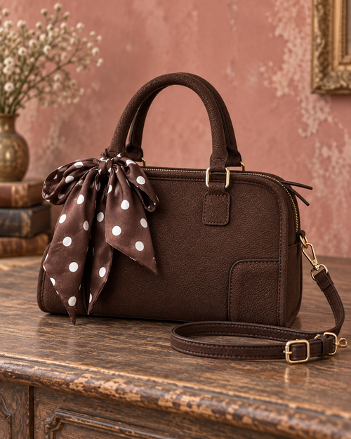 Livia — Chocolat et foulard à pois, vue face (photo retouchée).