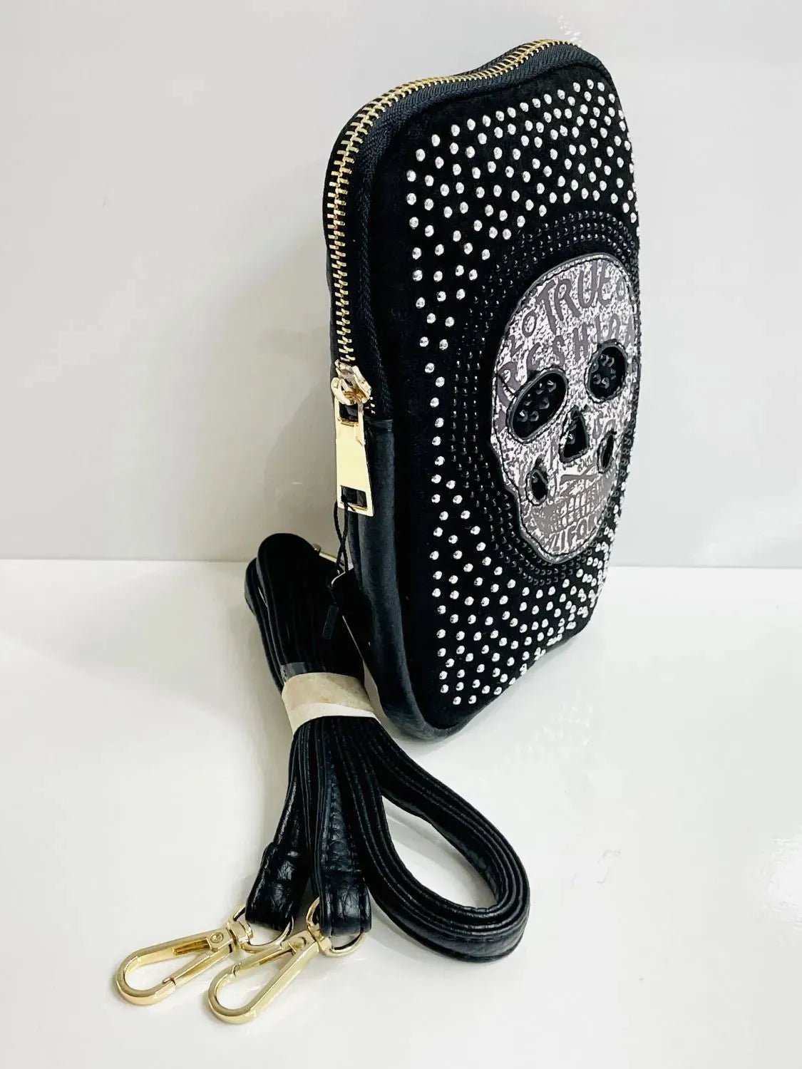 Sac Pochette Tête de Mort Strass Cuir Vegan Bandoulière – 14x20cm - Mam’s Ailes