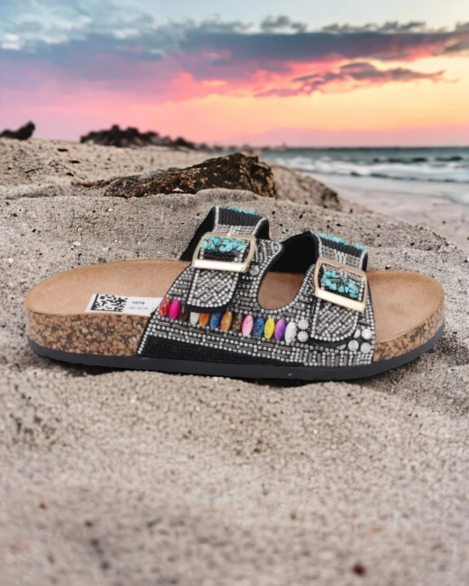 Sandales Mules Strass Pierres Noir – Bohème & Chic - Mam’s Ailes