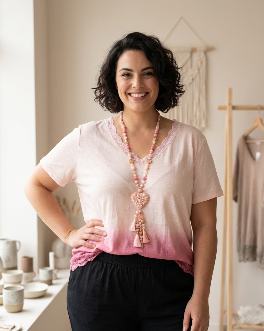 Sautoir bohème rose avec coeur et pompom, parfait pour une touche bohème sur haut dentelle