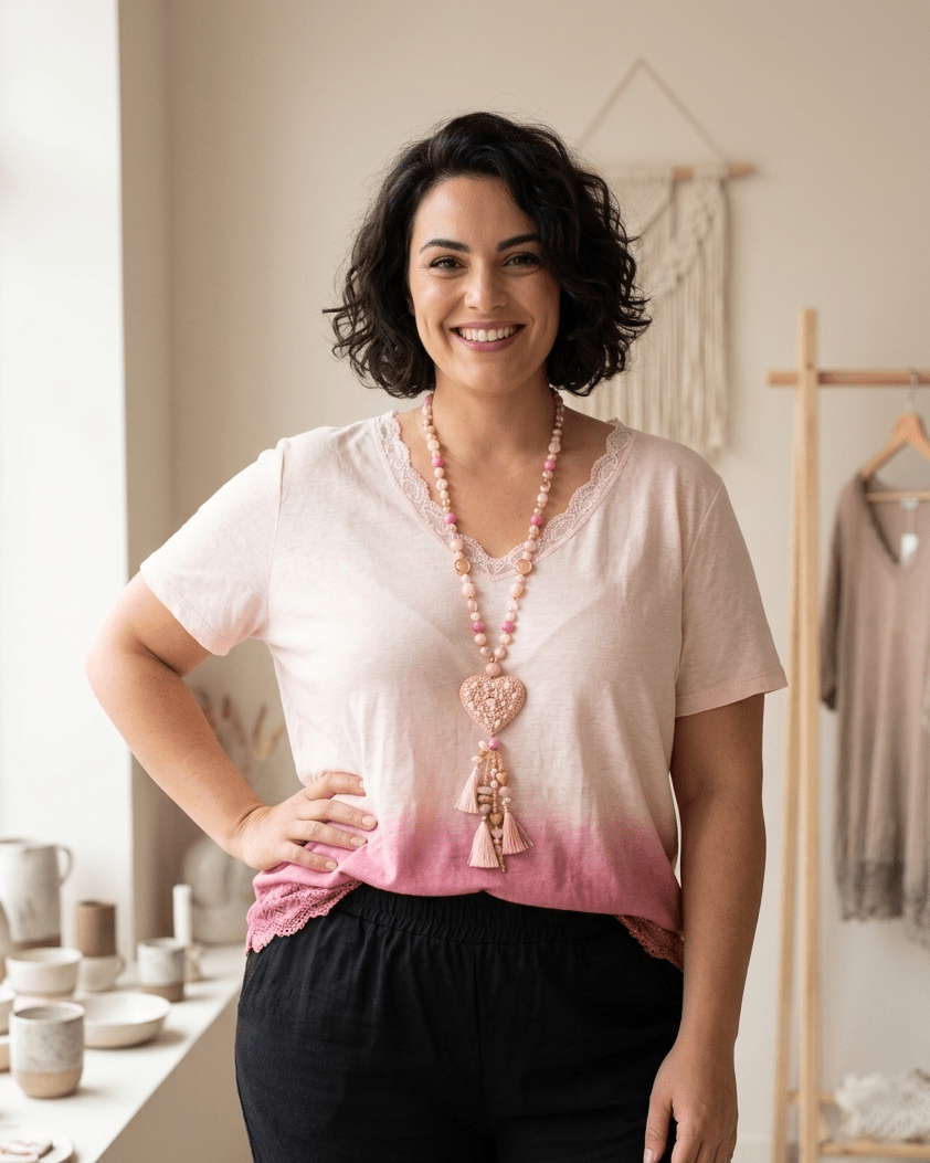 Sautoir Cœur Bohème rose avec pompon