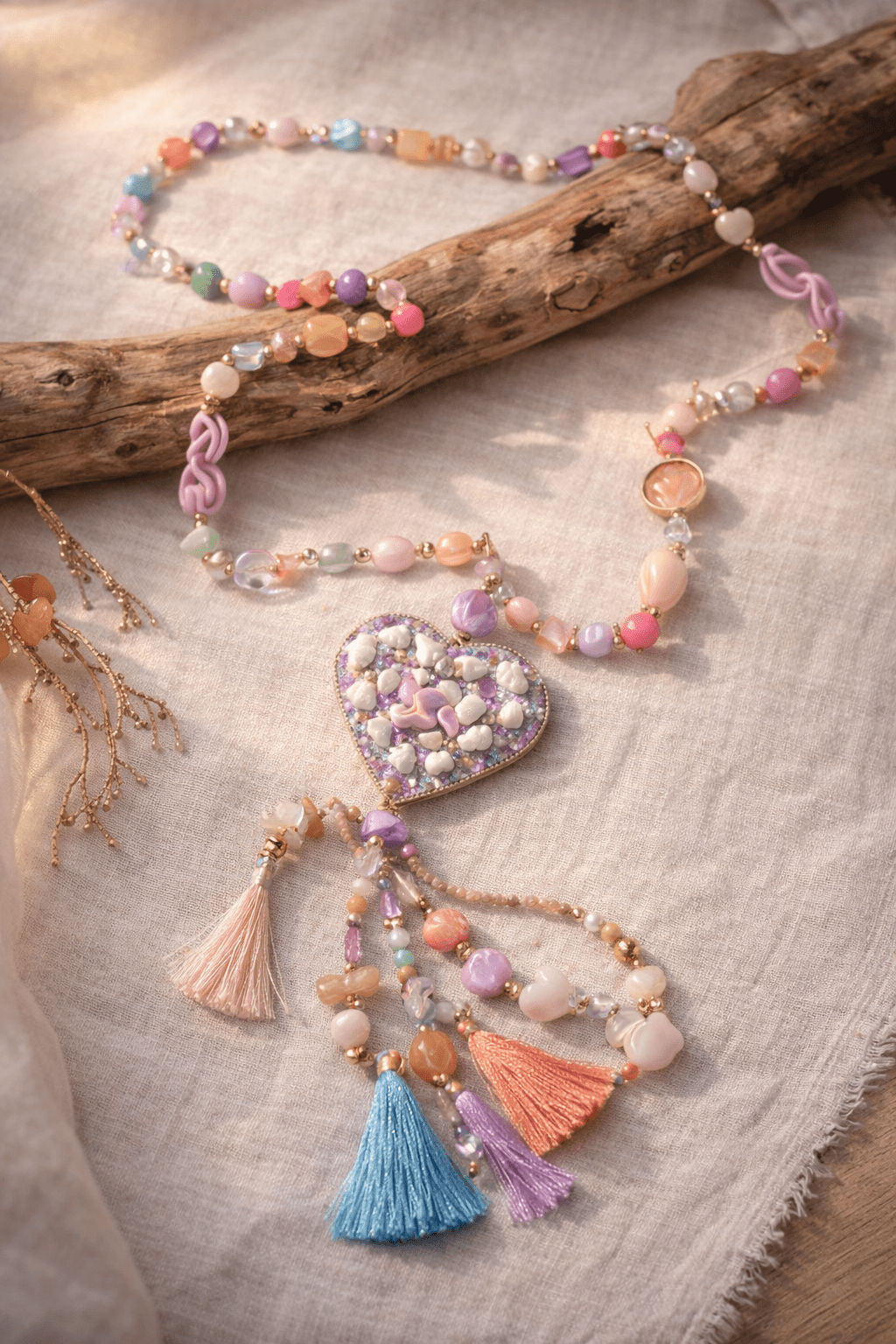 Sautoir Cœur Bohème avec perles multicolores