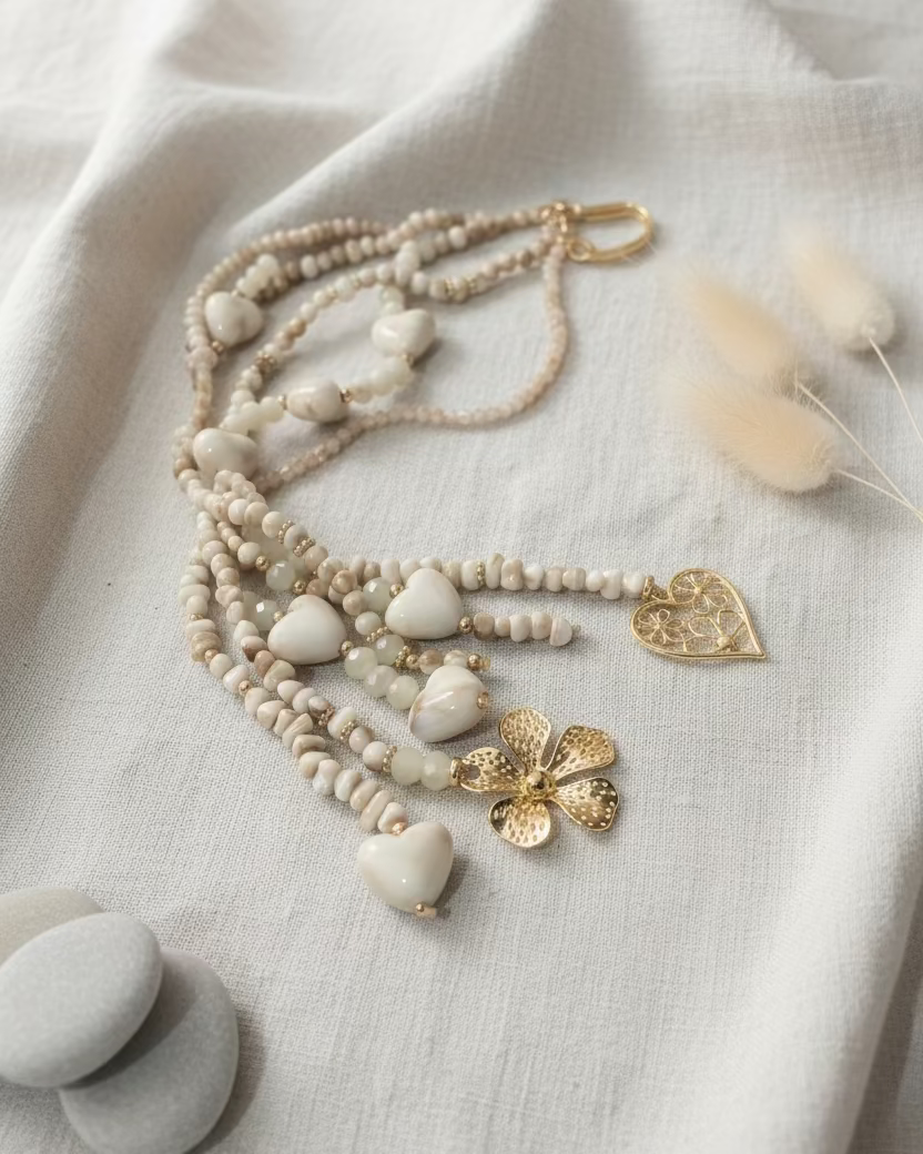 Détail breloques dorées fleur et cœur nacré du sautoir perles bois, vue rapprochée