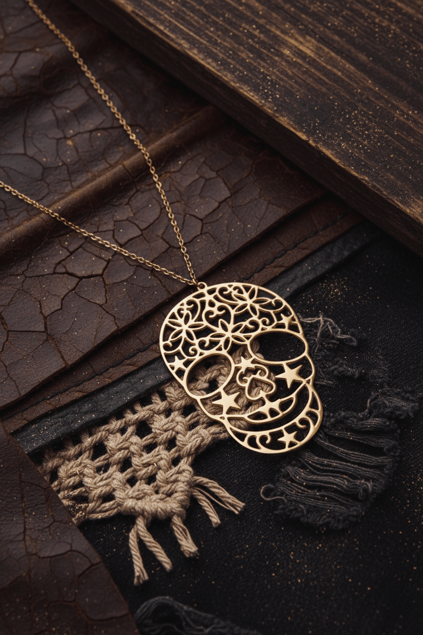 Sautoir Skull : détail des motifs floraux et de la chaîne