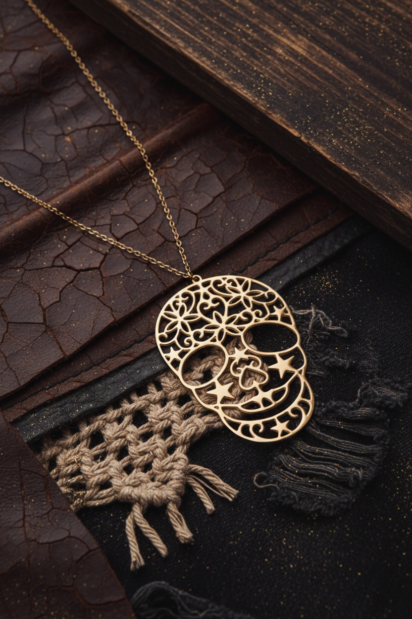 Sautoir tête de mort doré ajouré détail motifs floraux cœurs chaîne 90 cm acier inoxydable