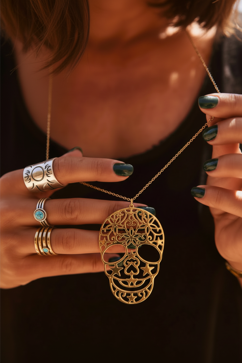 Sautoir long tête de mort doré ajouré motifs floraux porté 90 cm acier inoxydable femme