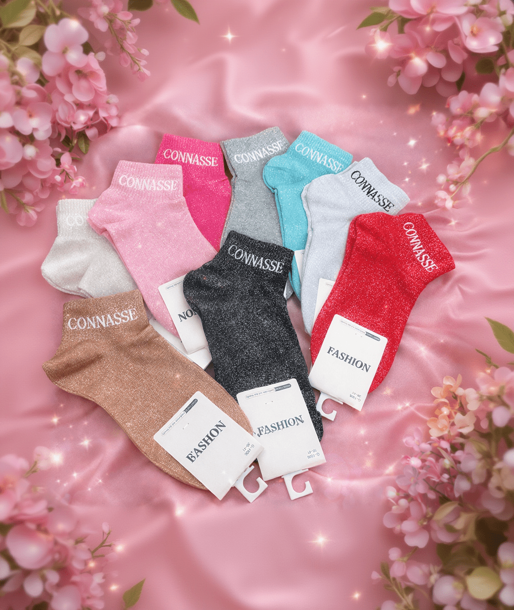 Vue d’ensemble de 9 paires de chaussettes pailletées "Connasse" – explosion de couleurs et d’audace.