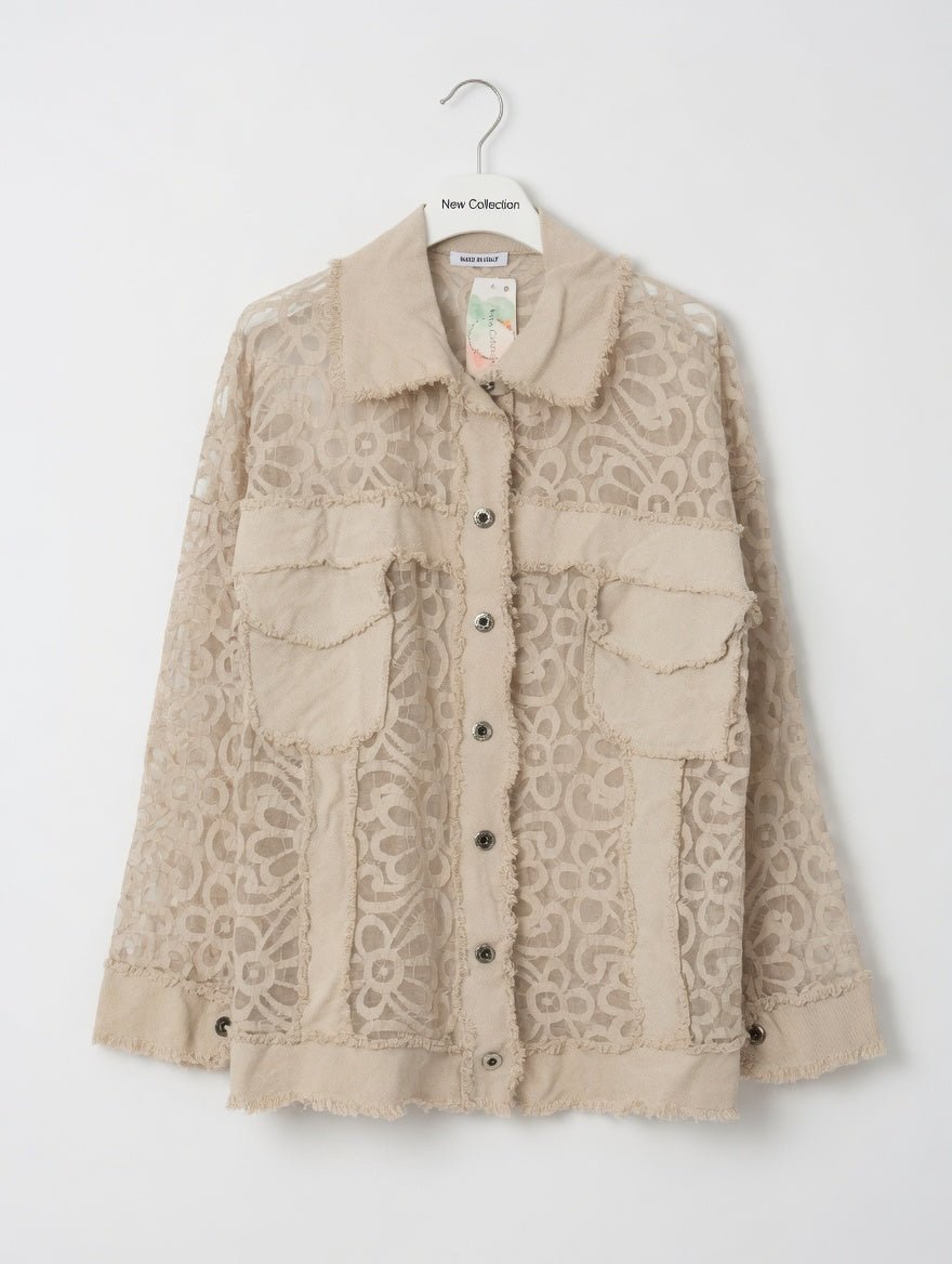 Surchemise Alba beige femme en coton avec empiècements dentelle et boutons devant