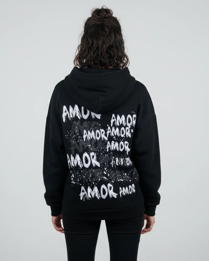 Sweat AMOR noir à capuche et poche kangourou, vue de face
