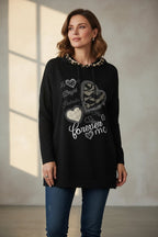 Sweat noir femme coupe large cœur strass et capuche léopard