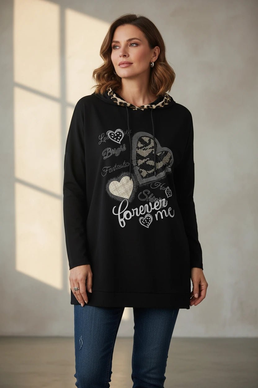 Sweat noir femme coupe large cœur strass et capuche léopard