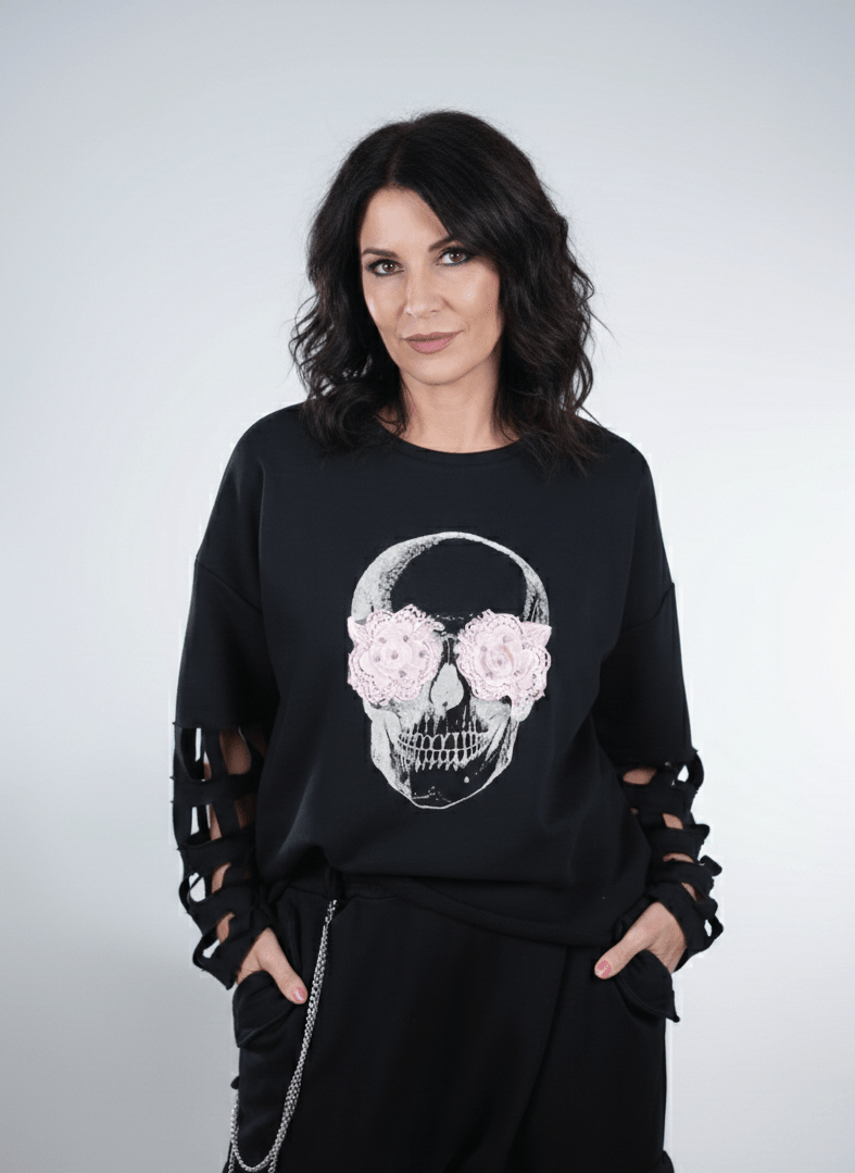 Sweat noir à motif crâne fleuri et manches découpées