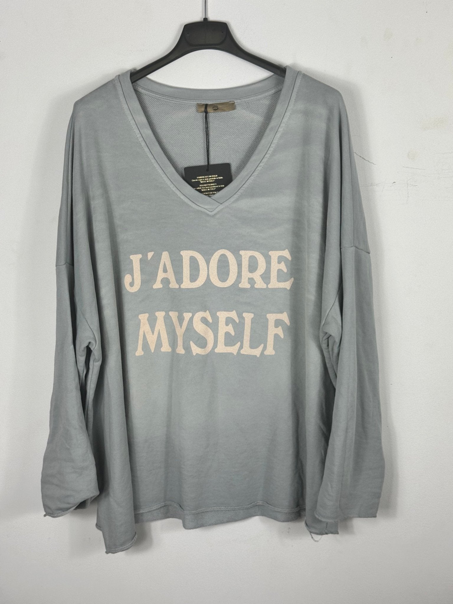 Sweat J’adore Myself gris à effet délavé vue de face