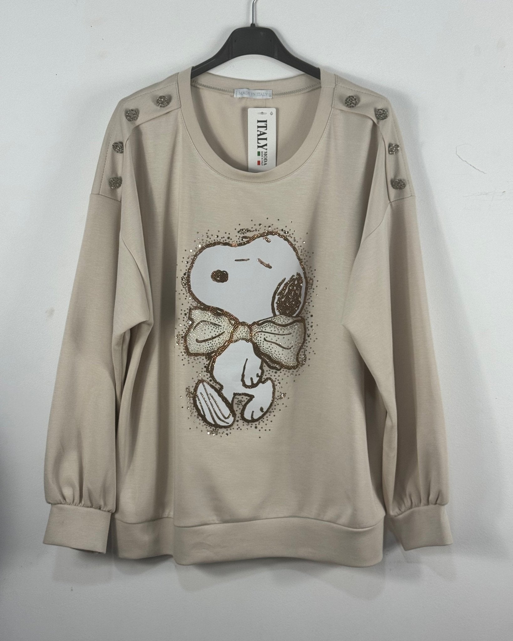 Sweat Snoopy femme avec motif en strass chocolat et boutons argentés, vue réelle 1