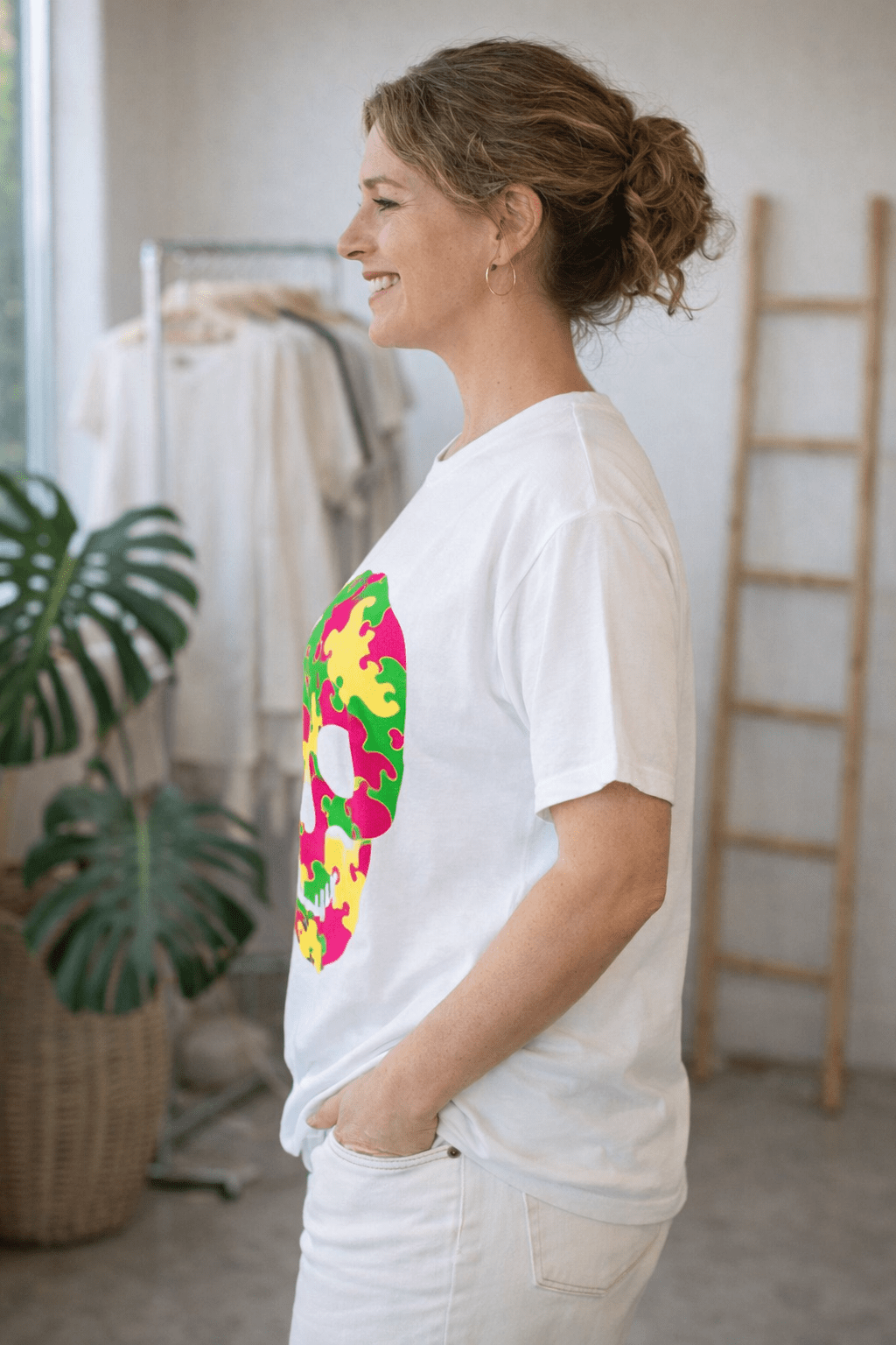 T-shirt Blanc Tête de Mort Fluo – Style Rock - Mam’s Ailes