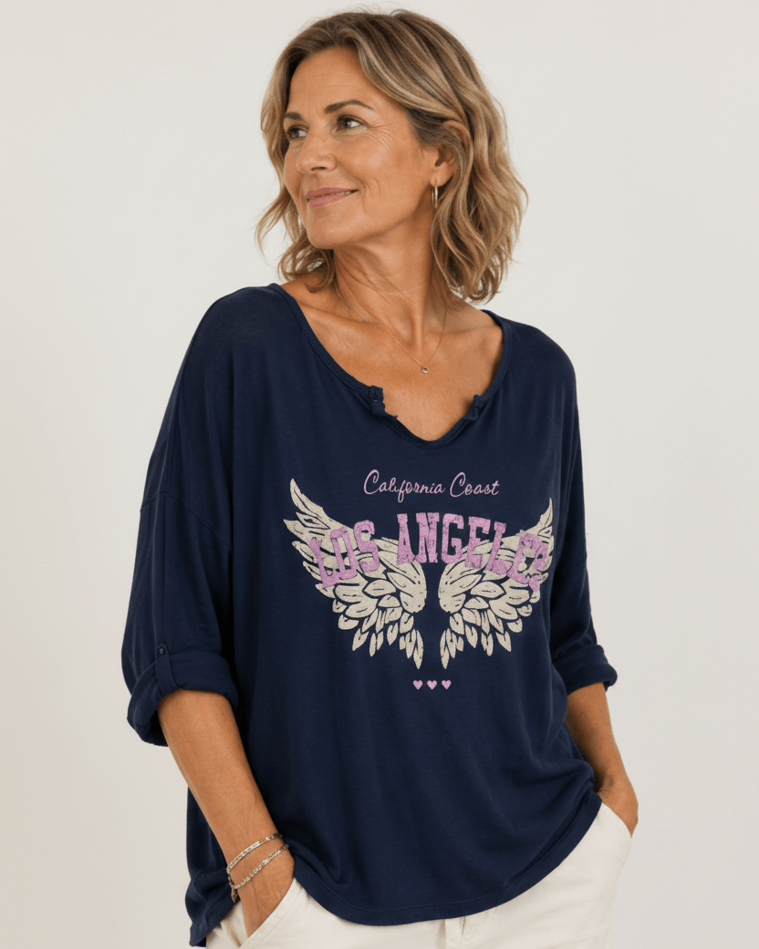 T-shirt Los Angeles marine femme coupe confortable en coton, vue portée de côté