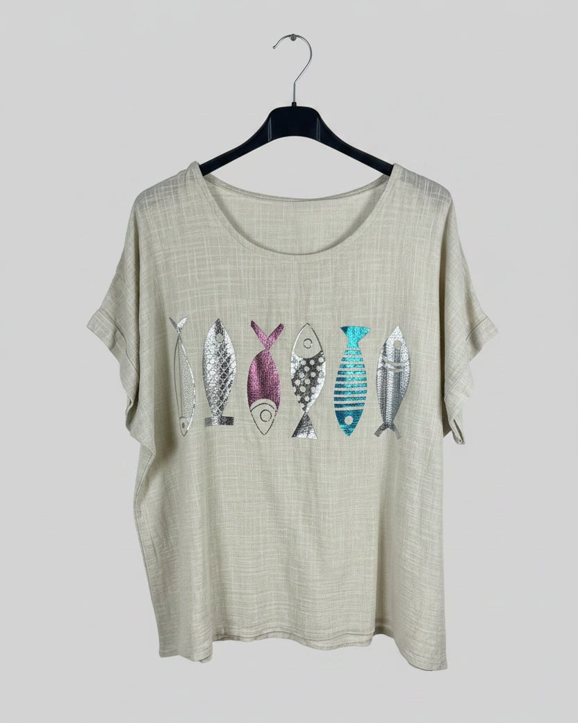 T-shirt beige femme en voile de coton avec motif poissons brillants, vue de face