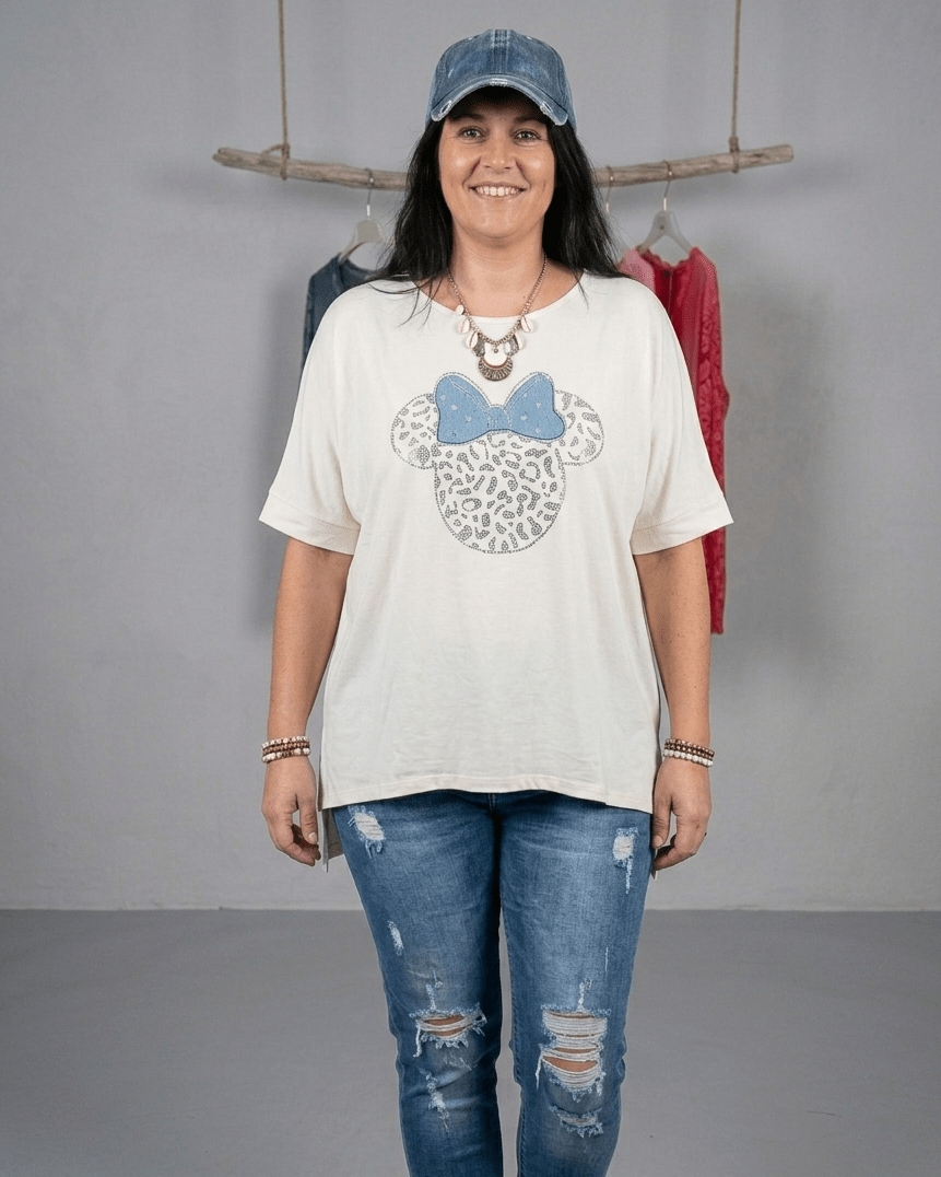 T-shirt Minnie Strass & Nœud Jean — Grande Taille Made in Italy - Mam’s Ailes