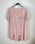 T-shirt rose poudré femme avec dentelle et motif Stars argenté, vue de face