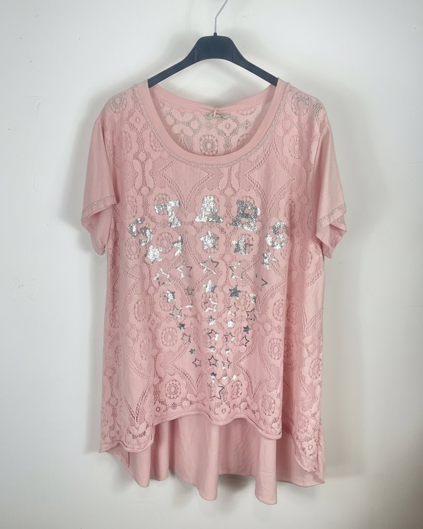 T-shirt rose poudré femme avec dentelle et motif Stars argenté, vue de face