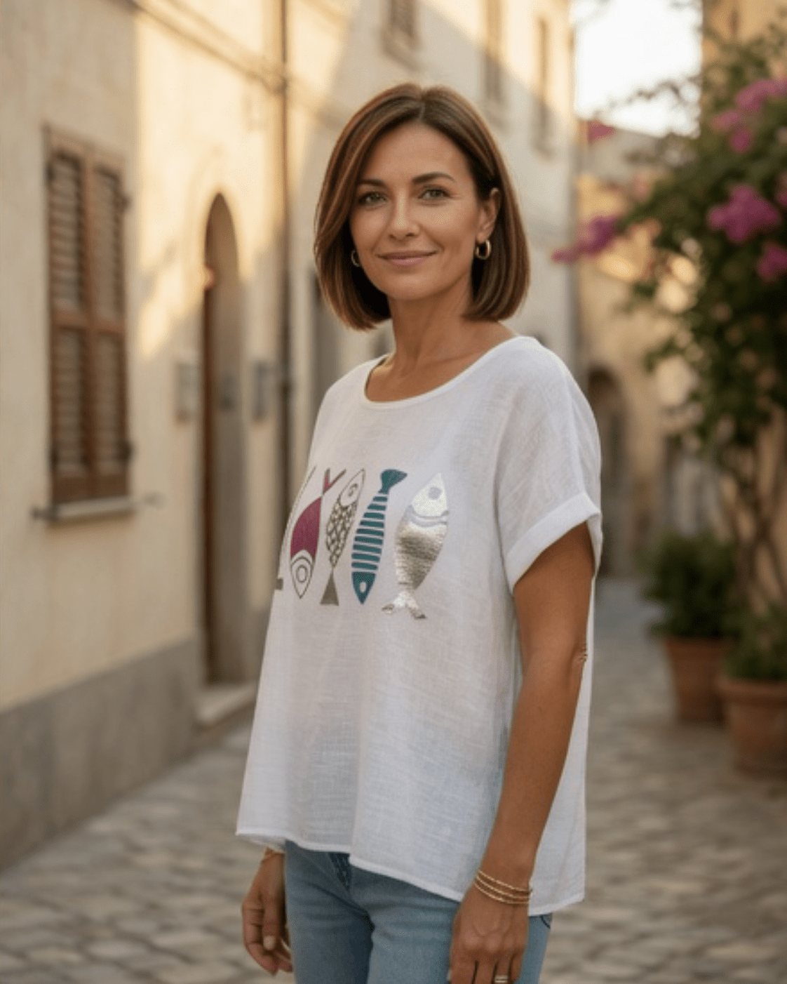 Tee shirt made in Italy avec poissons vue 3/4 porté avec jean