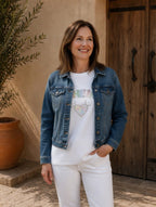 Tee-shirt femme blanc en coton stretch avec inscription bohème en strass et détail cœur brillant