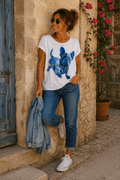 Tee-shirt Bowie femme blanc avec imprimé bouledogue couleur jean sur le devant, coupe ample, vue de face