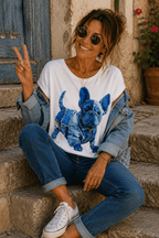 Tee-shirt femme blanc Made in Italy avec imprimé bouledogue denim, manches courtes et coupe confortable