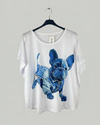 ee-shirt blanc femme coupe ample conseillé jusqu’au 48, imprimé bouledogue denim sur le devant