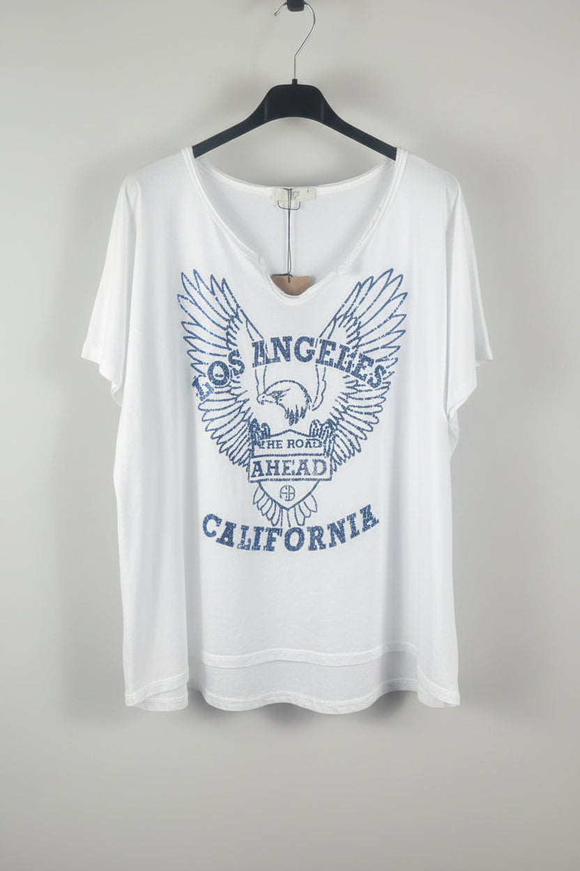 Tee-shirt California blanc femme en coton avec motif délavé Los Angeles, vue de face