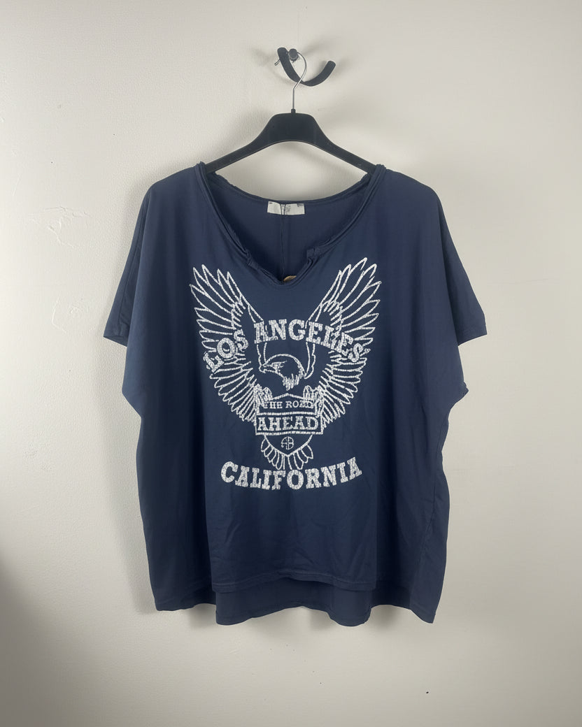 Tee-shirt California marine femme 100% coton avec motif délavé esprit Los Angeles