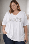 T-shirt blanc J'Adore strass perles nœud femme grande taille du 44 au 52 col V fabriqué en Italie