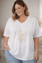 T-shirt blanc lapin cœur strass femme grande taille du 44 au 52 col V manches courtes fabriqué en Italie
