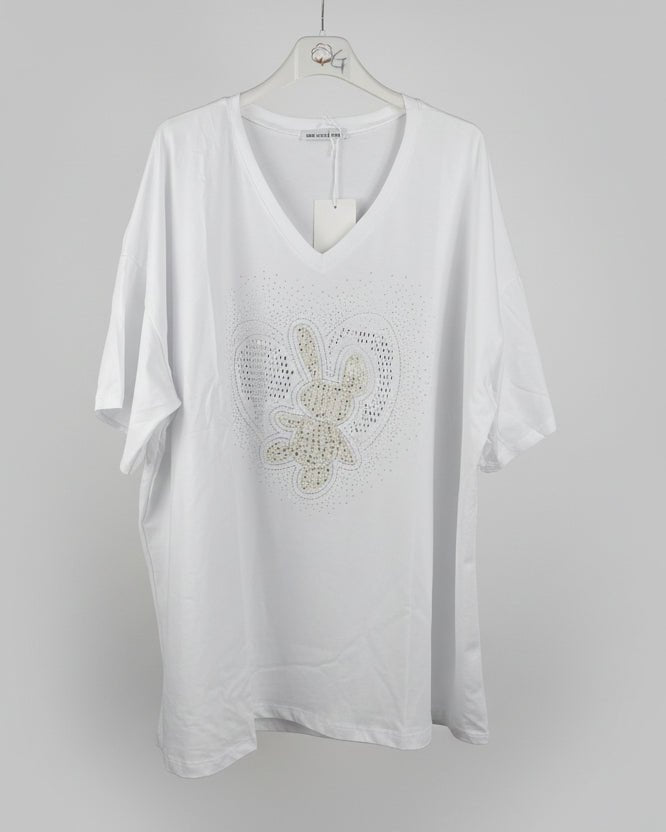 T-shirt blanc Mam's Ailes col V lapin strass sur cintre vue d'ensemble coupe ample grande taille