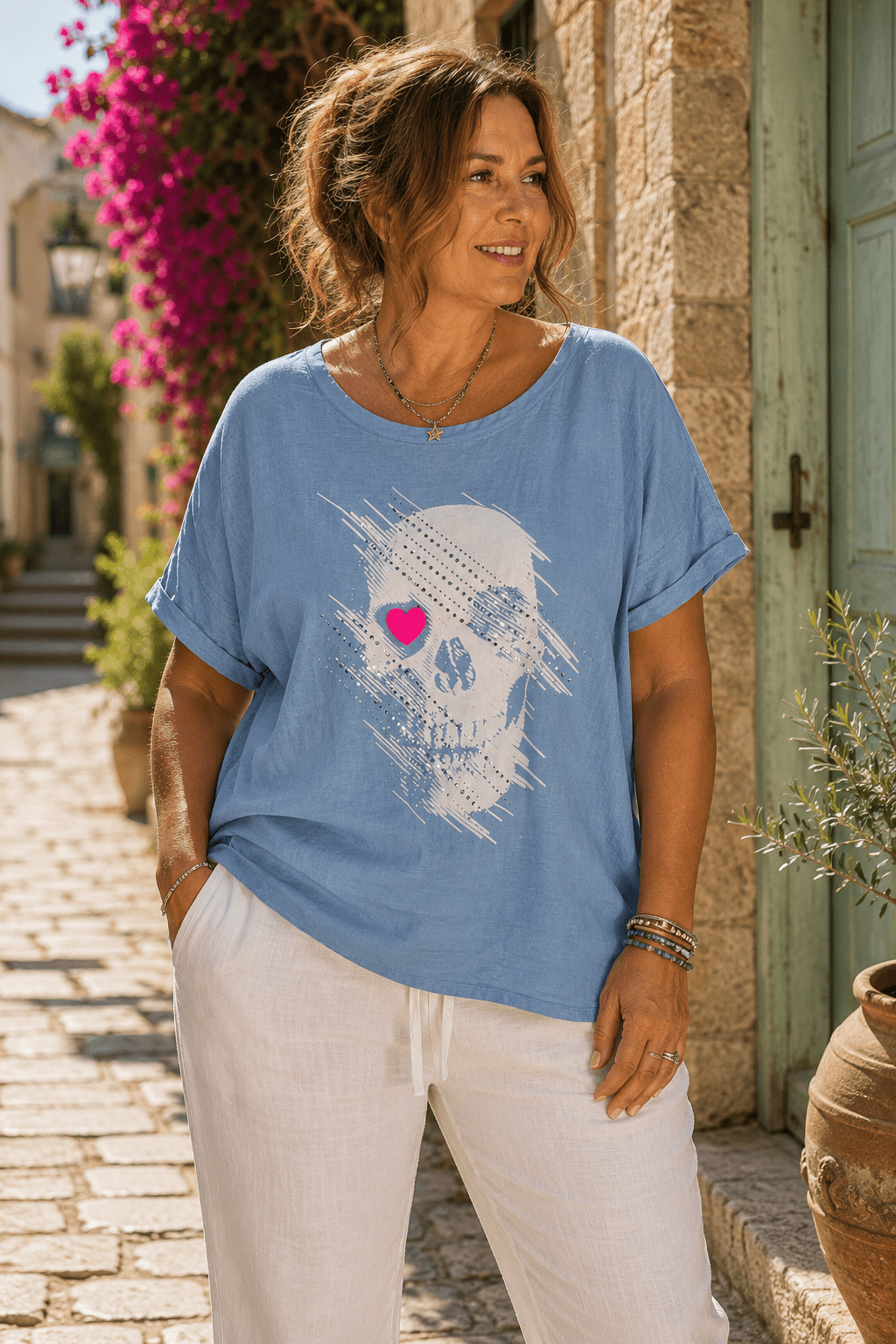 Tee - shirt Lino — Skull Cœur Strass - Mam’s AilesBleu