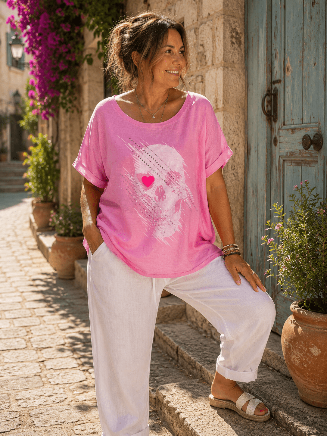 Tee - shirt Lino — Skull Cœur Strass - Mam’s AilesBleu