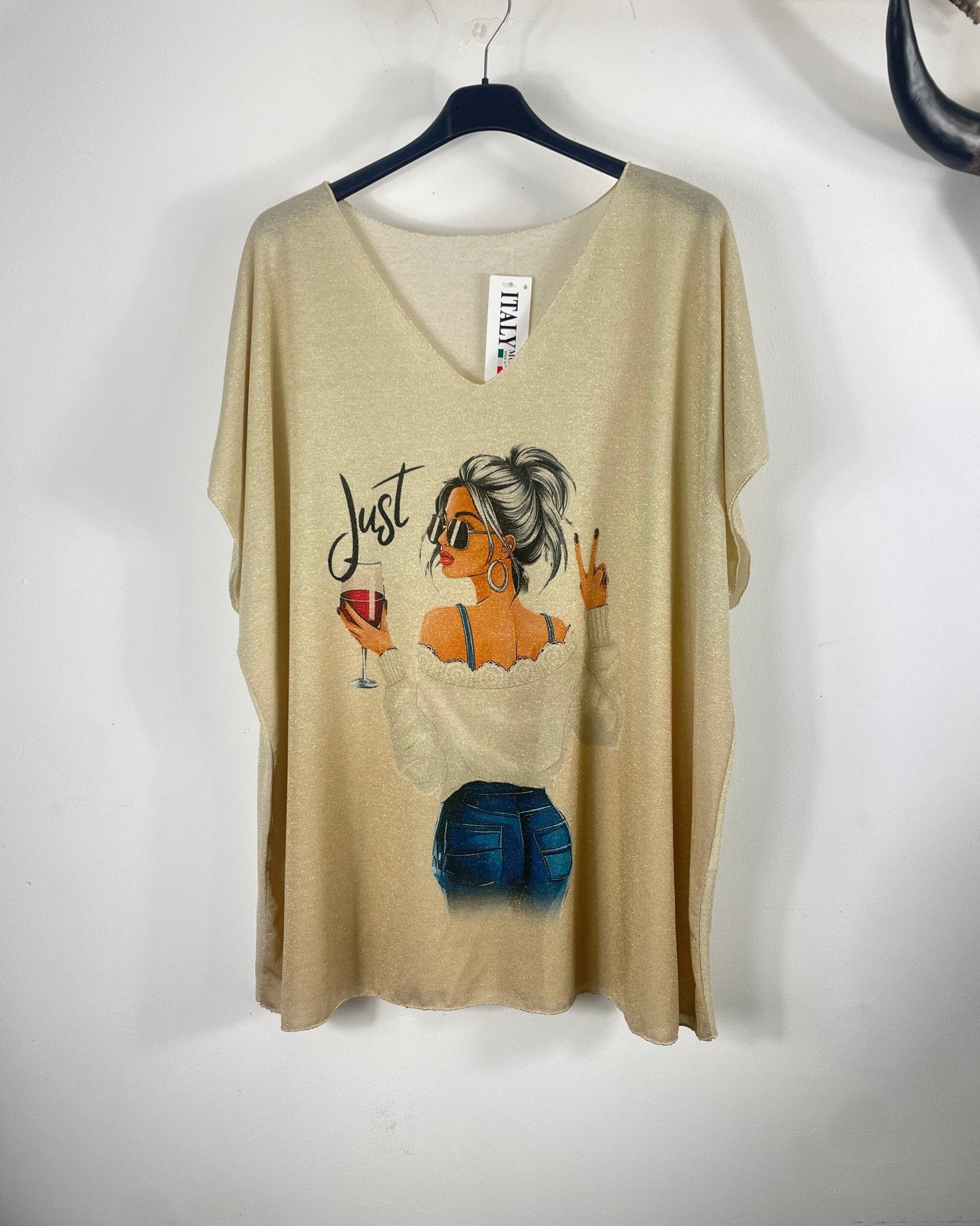 Tee-shirt Luma femme en lurex irisé doré avec imprimé femme Just sur le devant, coupe ample, vue de face